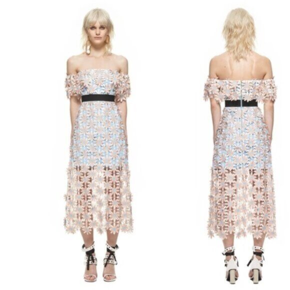 Self-Portrait 3D Floral Guipure Lace Off-Shoulder Midi Dress Pink Blue - Picture 1 of 11